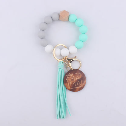 Silicone Bead Wristlet Keychain with Wood Tag and Leather Tassel MAMA 9