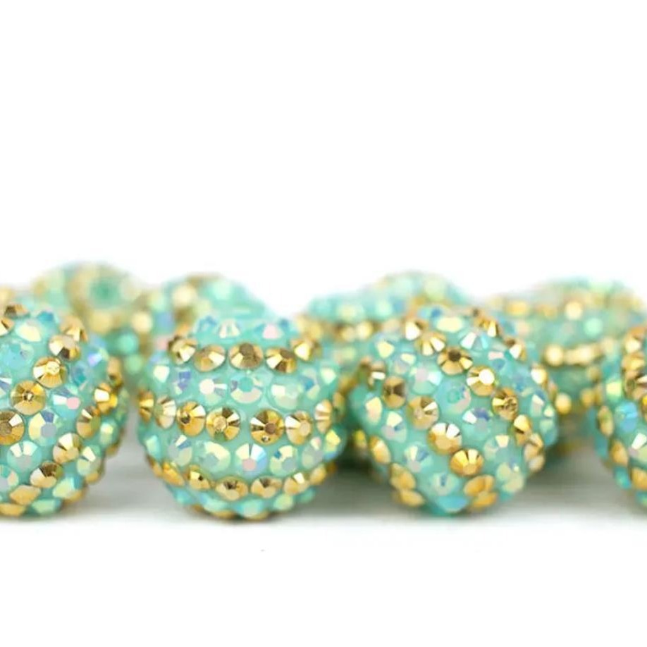 Rhinestone Bubblegum Beads 16-22mm Water Blue Gold Striped Resin 5pcs