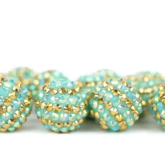 Rhinestone Bubblegum Beads 16-22mm Water Blue Gold Striped Resin 5pcs