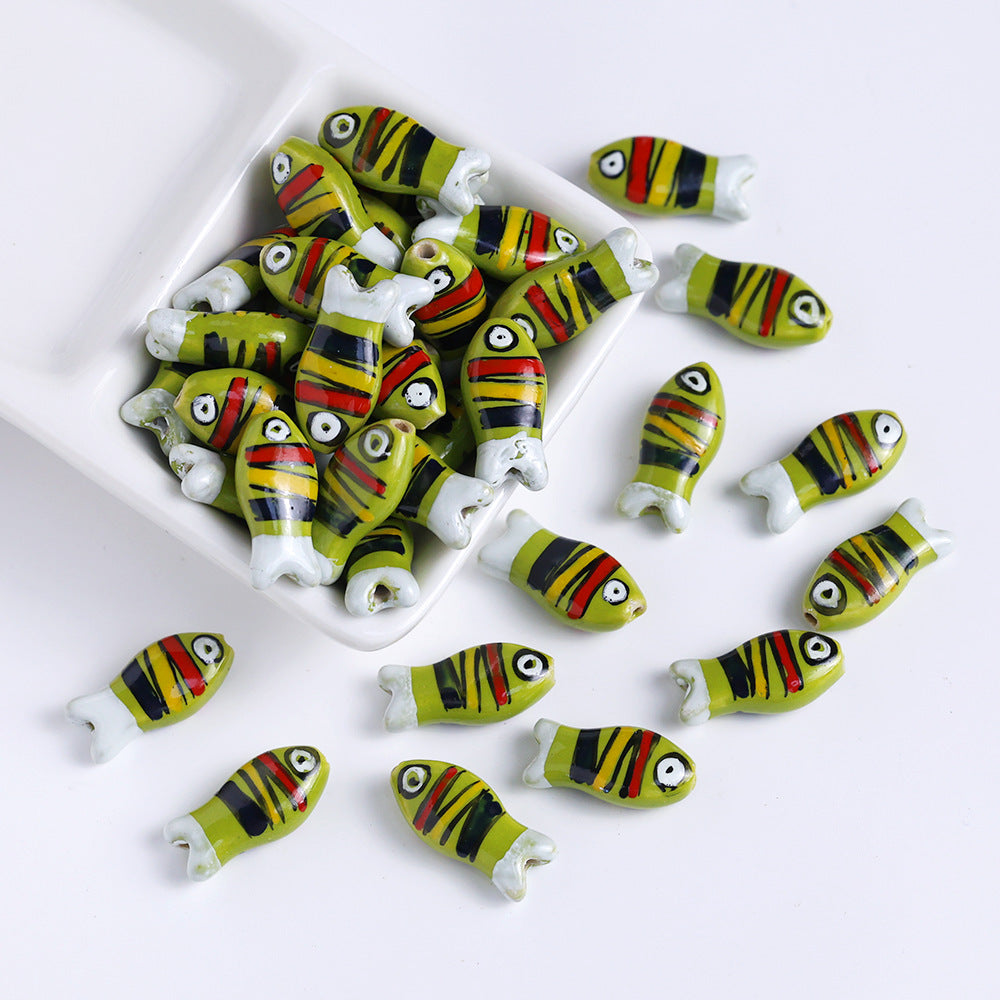 Hand Painted Fish Ceramic Beads 22mm Striped Colorful 5pcs 2