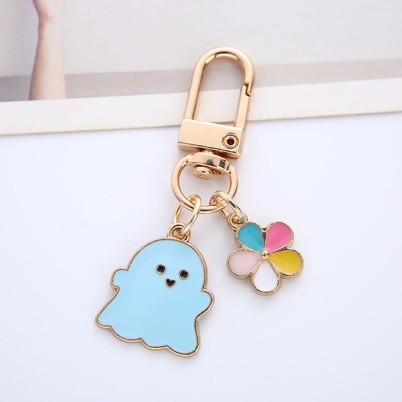 Enamel Pastel Ghost Halloween Keychain with Flower Charm Zinc Alloy 3