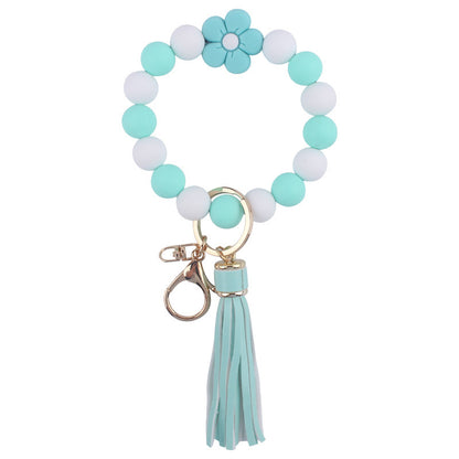 Colorful Flower Silicone Bead Wristlet Keychain with Leather Tassel 13