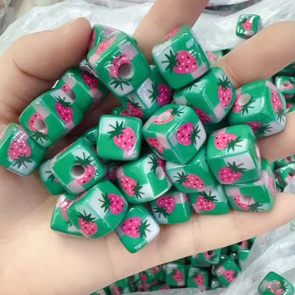 Pink Strawberry Printed Acrylic Square Beads 14mm 50pcs 4