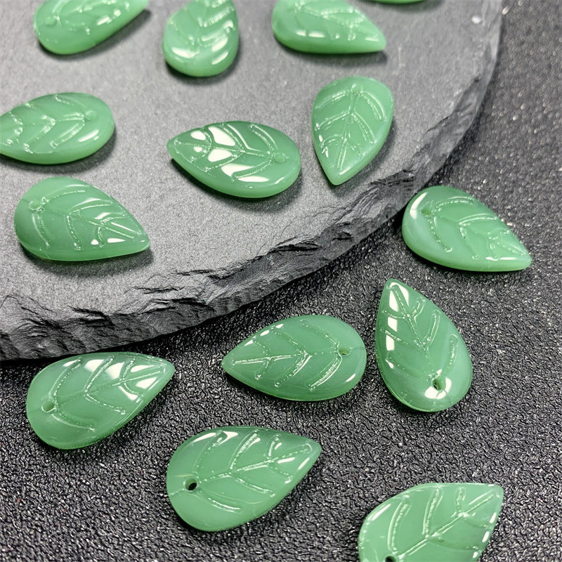 Czech Glass Beads Leaf 18mm Imitation Jade Translucent Green 50pcs 2