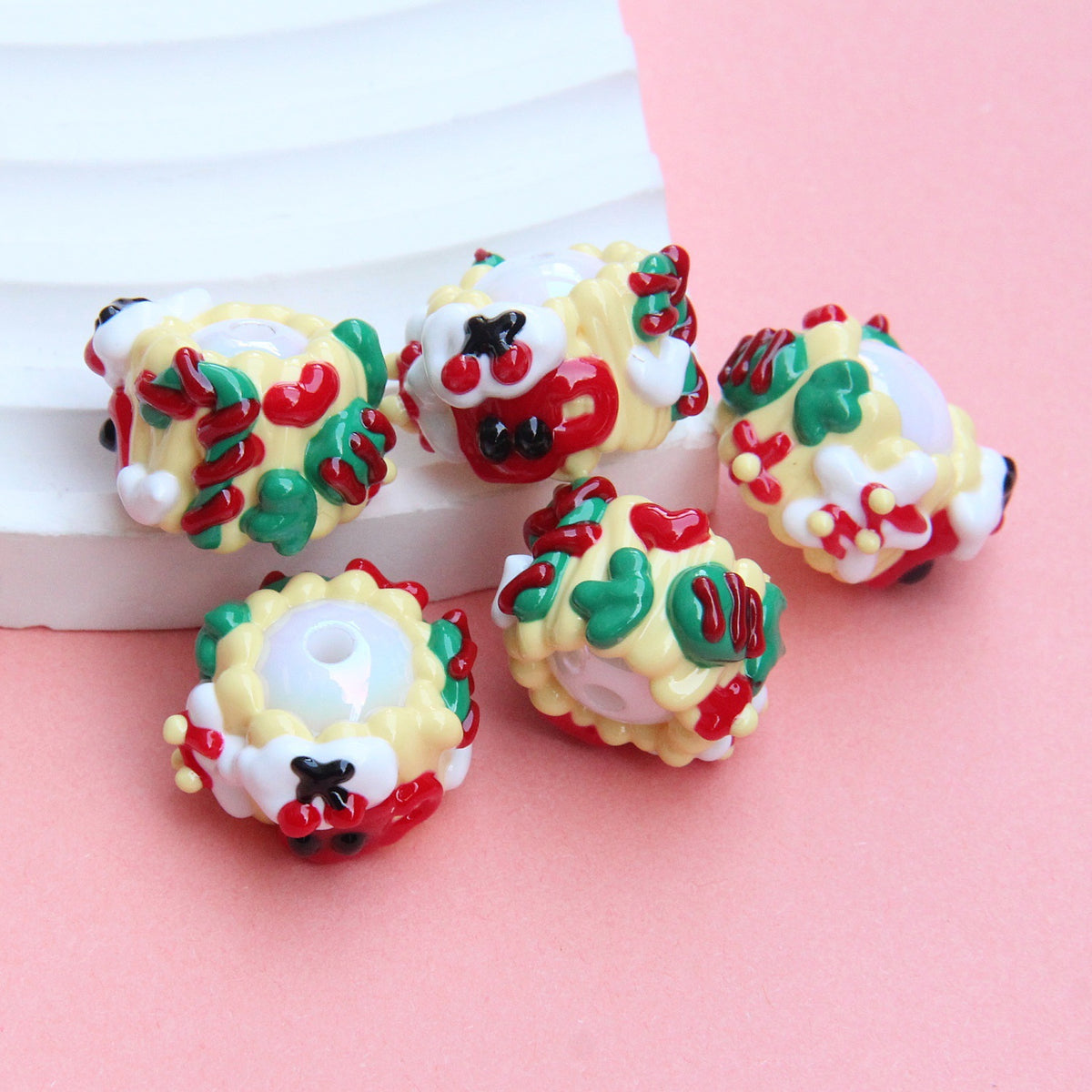Hand Painted Acrylic Beads 3D Christmas Bells and Cabin 5pcs 7