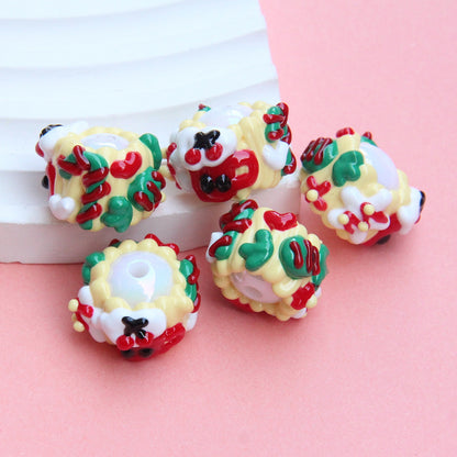 Hand Painted Acrylic Beads 3D Christmas Bells and Cabin 5pcs 7