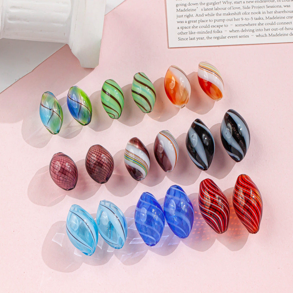 Vintage Pattern Olive Shaped Blown Glass Beads Handmade 4pcs