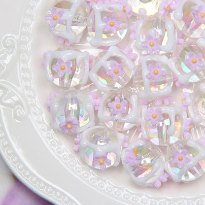 Painted Flower Acrylic Beads 16mm Round 14x18mm Square Purple Hand Painted 1pc 11