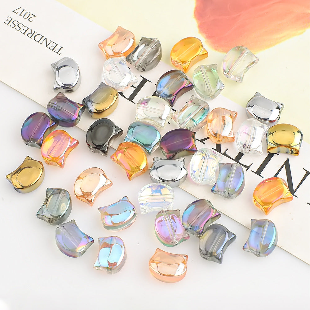 Plating Flat Cat Head Glass Beads 8mm x 10mm Iridescent Colors 30pcs 4