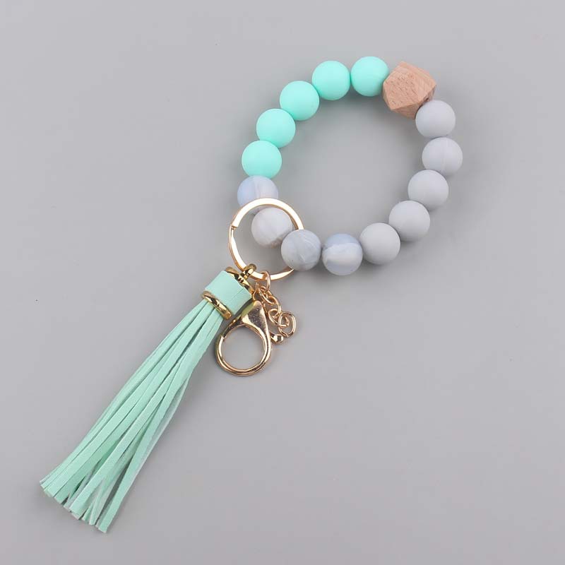 Silicone Beaded Wristlet Keychain with Leather PU Tassel in Pastel Colors 16