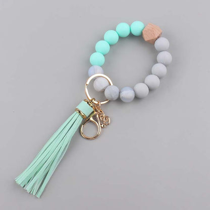Silicone Beaded Wristlet Keychain with Leather PU Tassel in Pastel Colors 16