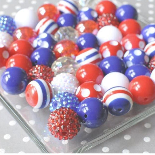 Bubblegum Beads 20mm Red White Blue Glitter Patriotic Chunky Mix 50pcs 2