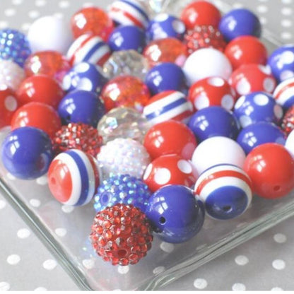 Bubblegum Beads 20mm Red White Blue Glitter Patriotic Chunky Mix 50pcs 2