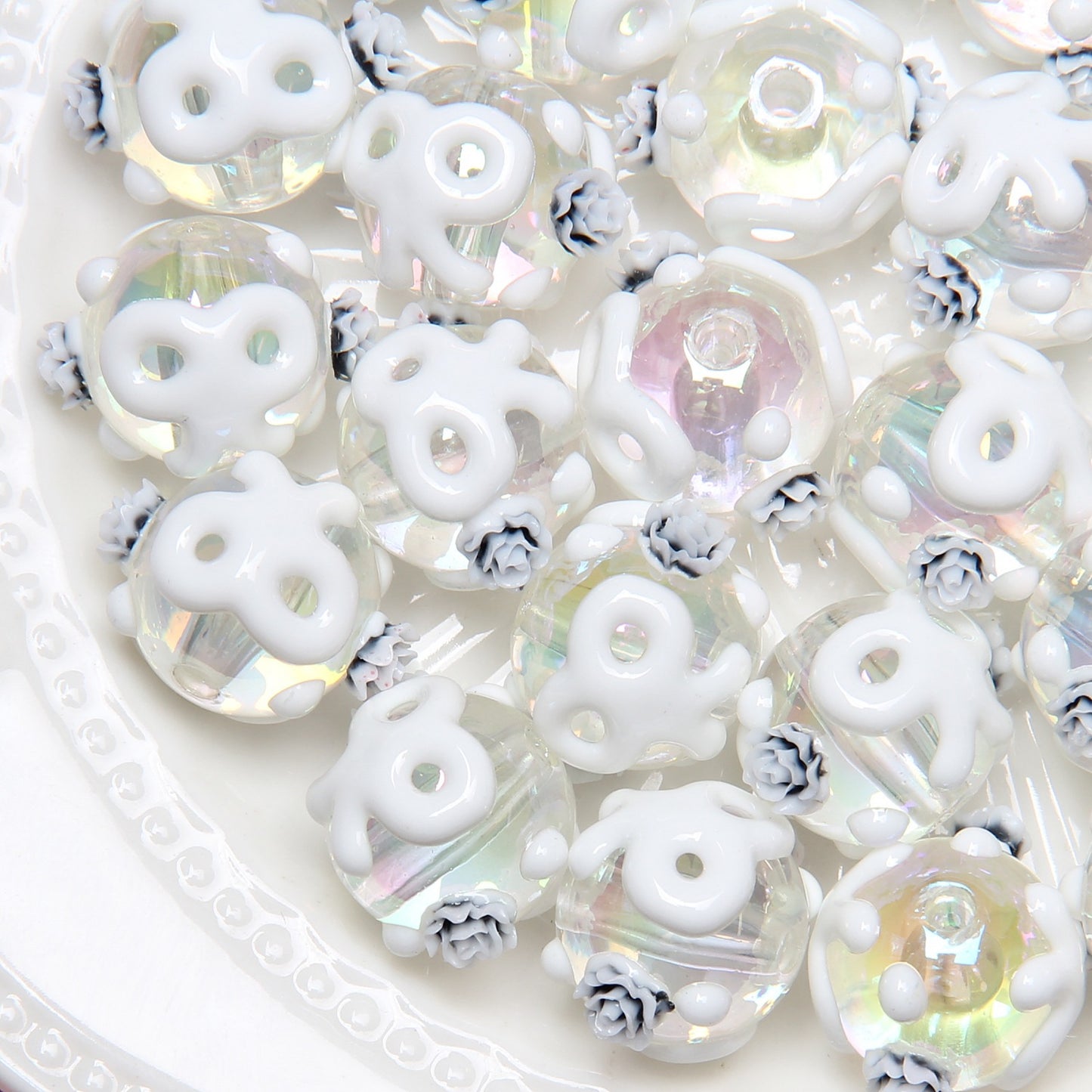 Painted Flower Acrylic Beads 16mm Round 14x18mm Square Purple Hand Painted 1pc 26