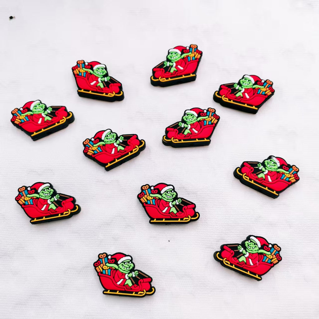 Silicone Focal Beads Christmas Sleigh Grinch Wearing Santa Hat 20pcs