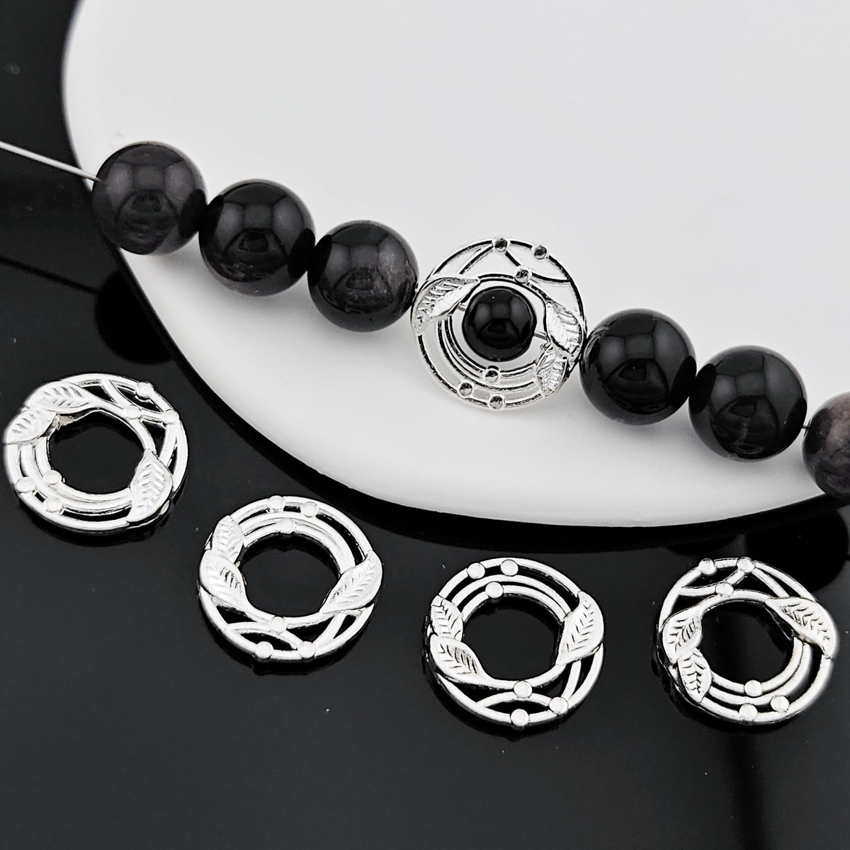 Leaves Wreath Metal Bead Frame 18mm Zinc Alloy Silver Tone 30pcs