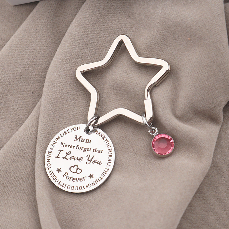 Stainless Steel Mum Round Keychain Star Ring Pink Crystal Charm 3