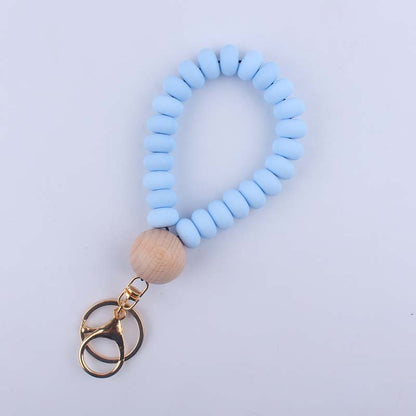 Silicone Beaded Flat Wristlet Keychain with Wood Accent 7