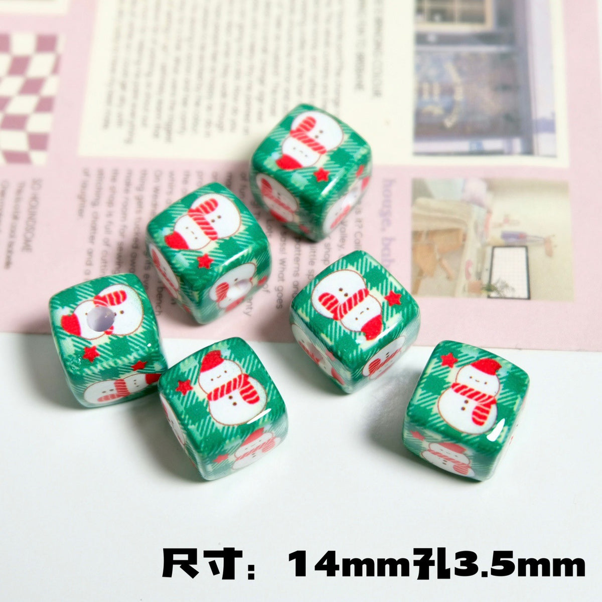 Christmas Square Acrylic Beads 14mm Colorful Printed 10pcs 17