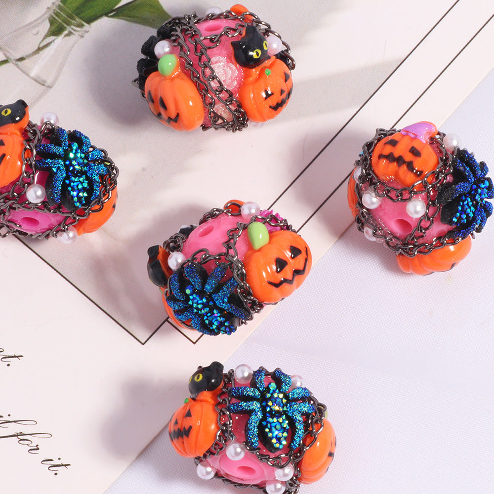 Embellished Halloween Clay Beads 28mm Pumpkin Spider Cat 5pcs