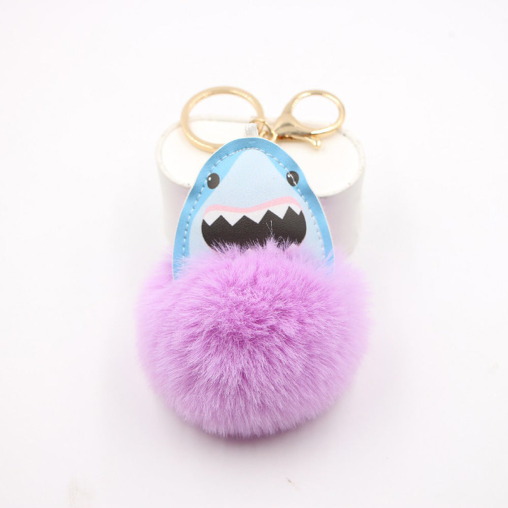 Plush Shark Keychain Blue Leather Face Fluffy Pom Pom Belly 12