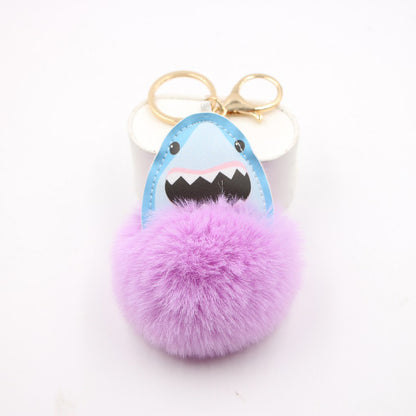 Plush Shark Keychain Blue Leather Face Fluffy Pom Pom Belly 12