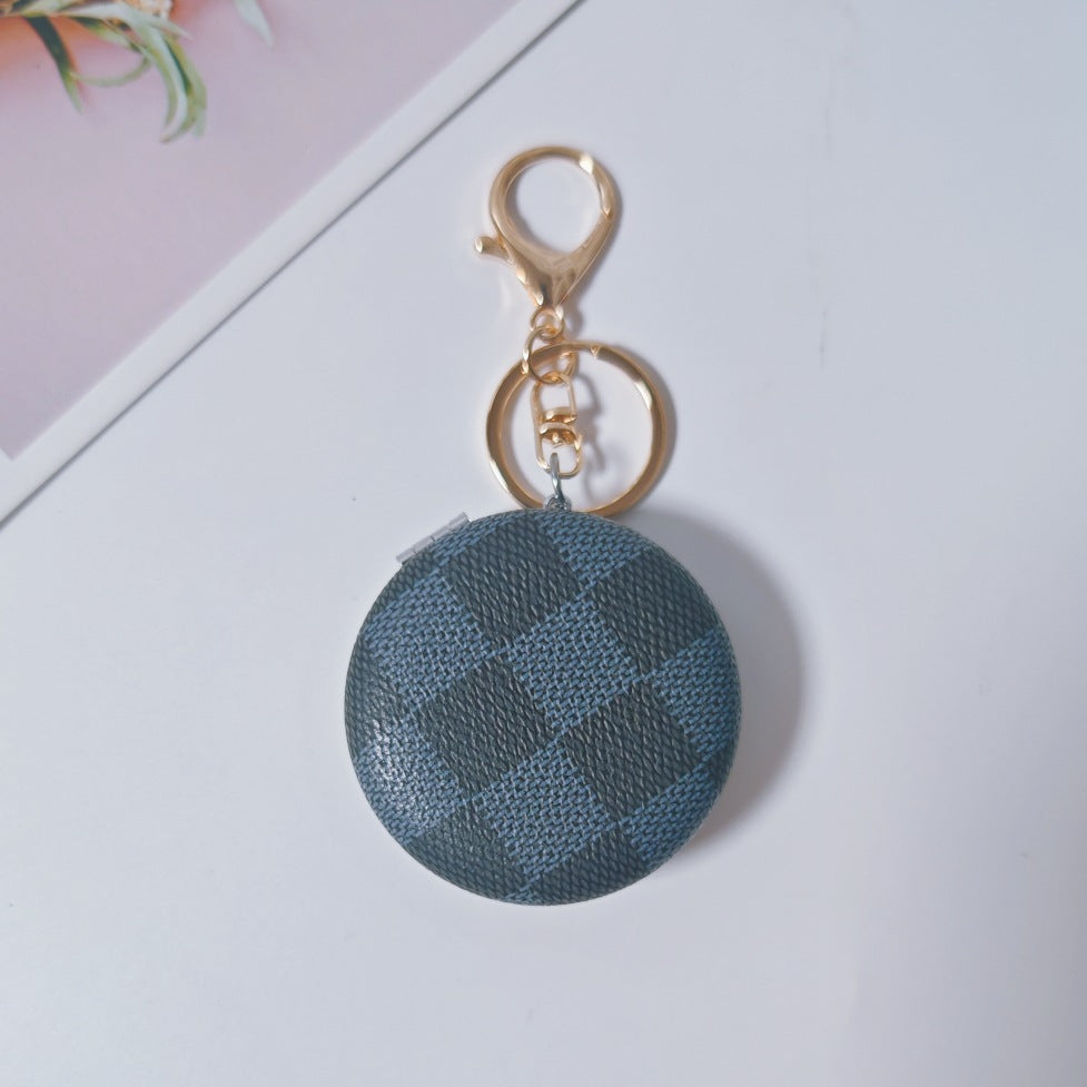 Plaid Pattern PU Leather Round Mirror Keychain Gold Clasp 2pcs 3