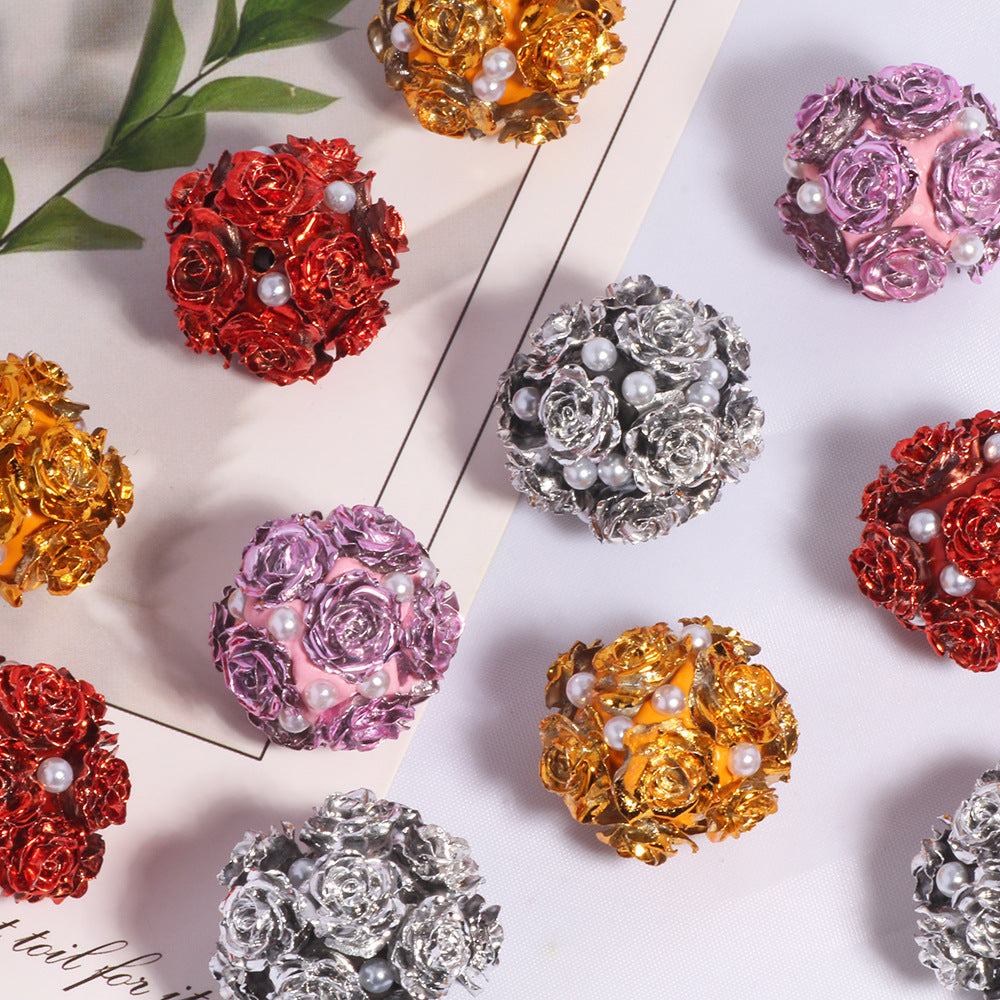 Flower Cluster Clay Beads 20mm Halloween Metallic Pearl Rhinestone 5pcs