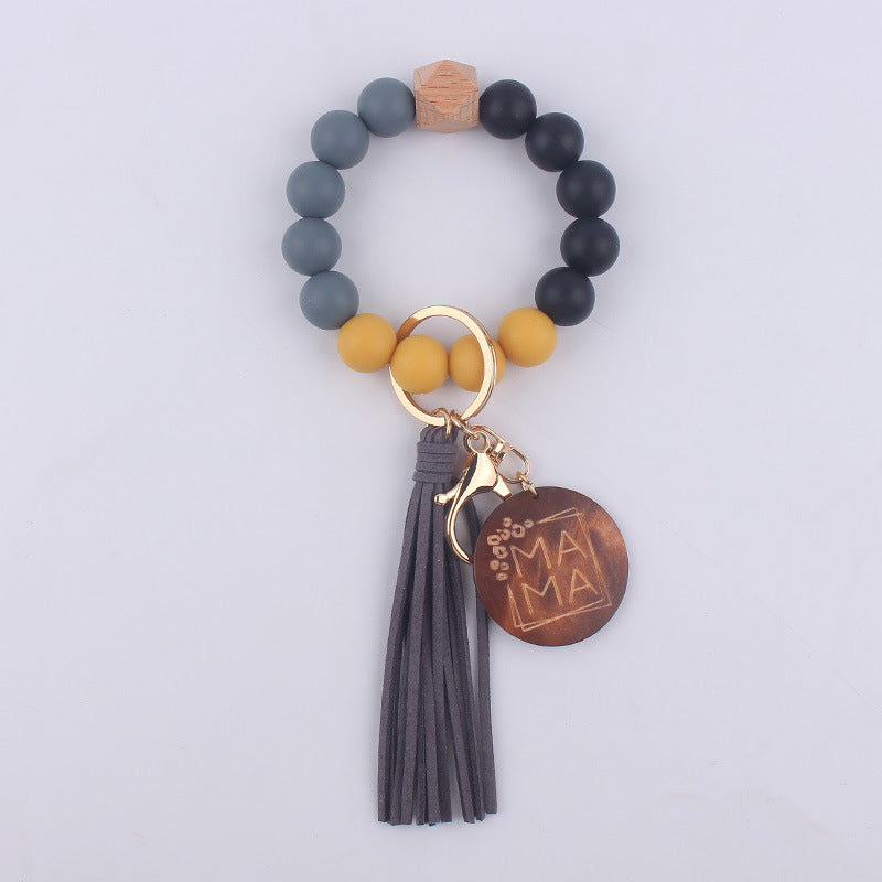 Silicone Bead Wristlet Keychain with Wood Tag and Leather Tassel MAMA 12