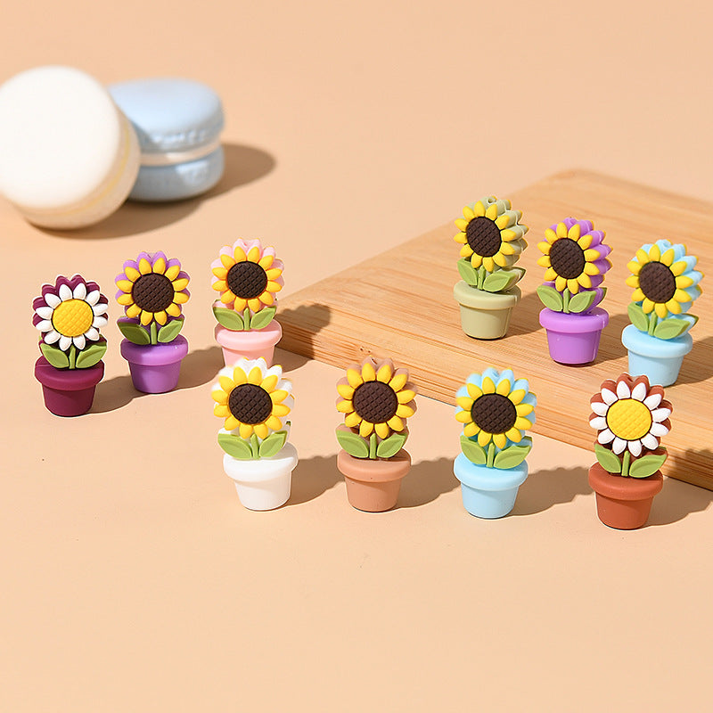 Silicone Focal Beads Sunflower Flowerpot Brown Pot Yellow Flower 20pcs 4