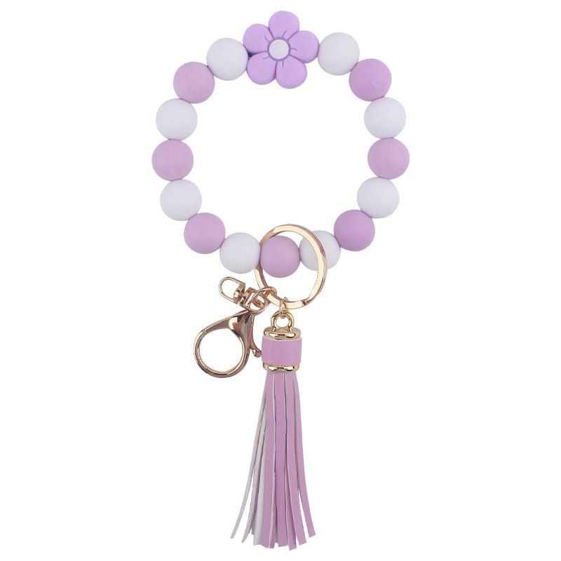 Colorful Flower Silicone Bead Wristlet Keychain with Leather Tassel 7