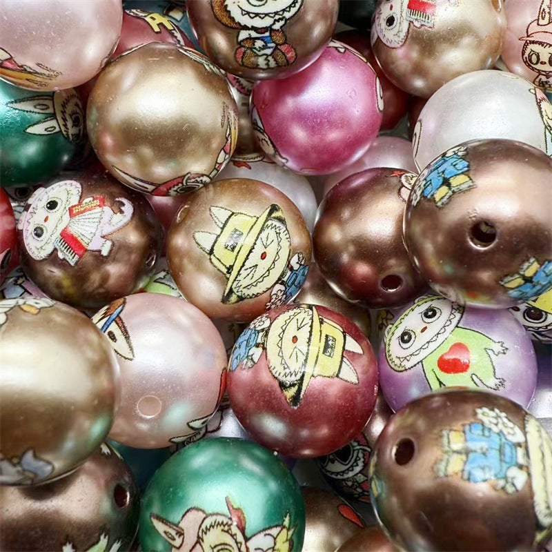 Pearl Round Acrylic Beads 16mm Labub Printed Mixed Colors 100pcs 3