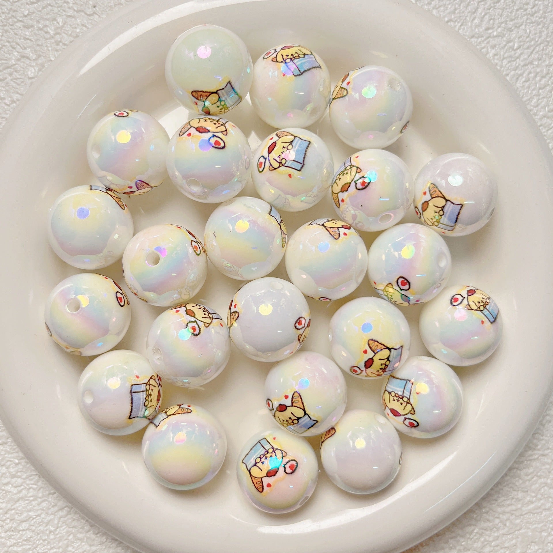 Plated Bubblegum Beads 19mm White Iridescent Sanri Character Prints 5pcs 4
