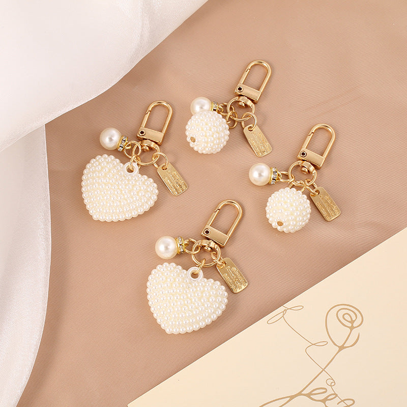 Pearl Embellished Alloy Heart Keychain Gold Tone Metal