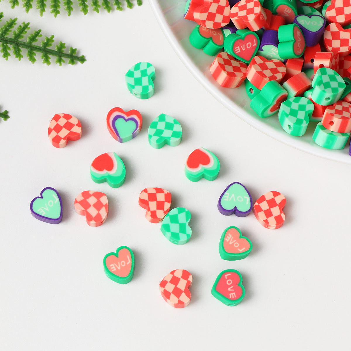 Christmas Heart Clay Beads 10mm Red Green Patterned 100pcs 2