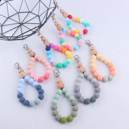 Silicone Beaded Wristlet Keychain with Octagonal Wood Accent Colorful