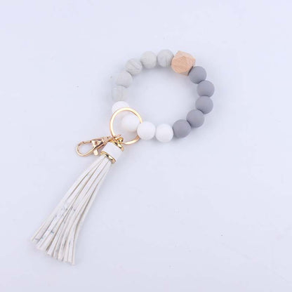 Octagonal Silicone Bead Wristlet Keychain Matte Beech Wood Tassel 11