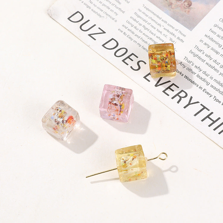 Lampwork Glass Beads Cube 10mm Silver Foil Confetti 4pcs 4