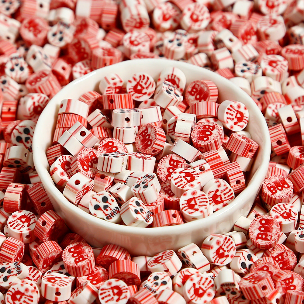 Halloween Flat Clay Beads 6mm Skull Bloody Hands BOO Design 100pcs 2