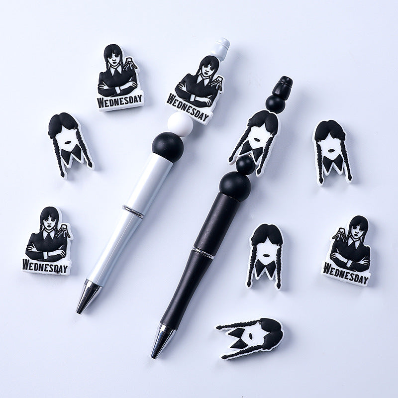 Silicone Focal Beads Wednesday Girl Bold Black and White 20pcs 4