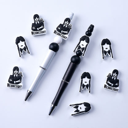 Silicone Focal Beads Wednesday Girl Bold Black and White 20pcs 4