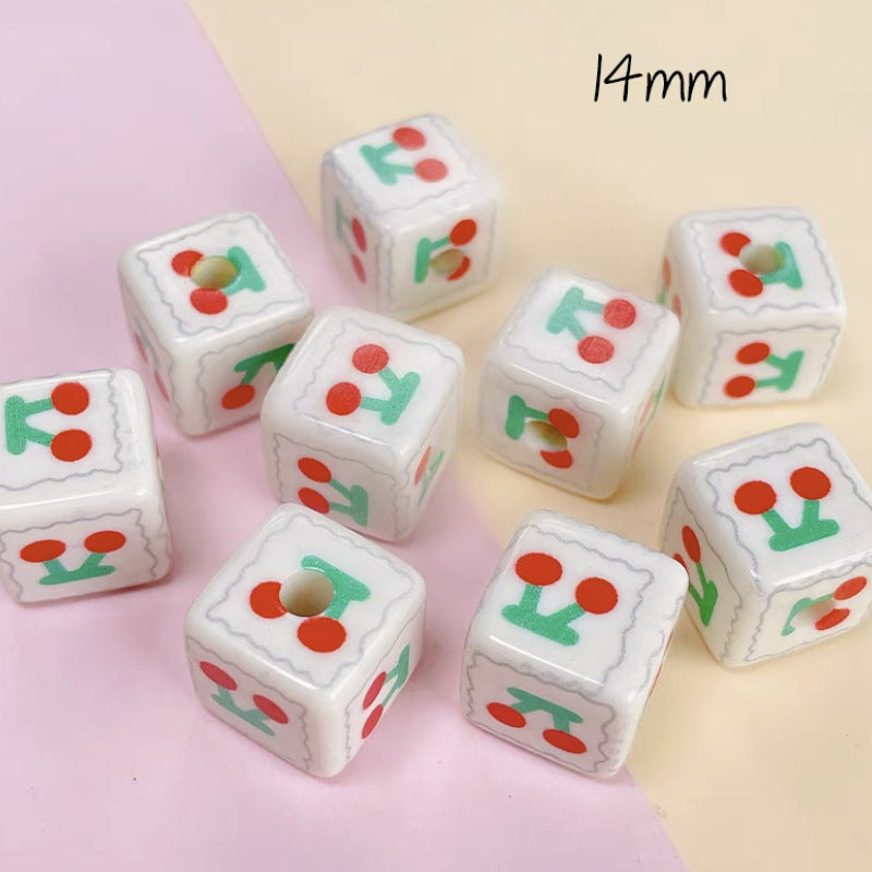Cream Cartoon Printed Square Acrylic Beads 14mm 20pcs 10