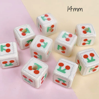 Cream Cartoon Printed Square Acrylic Beads 14mm 20pcs 10