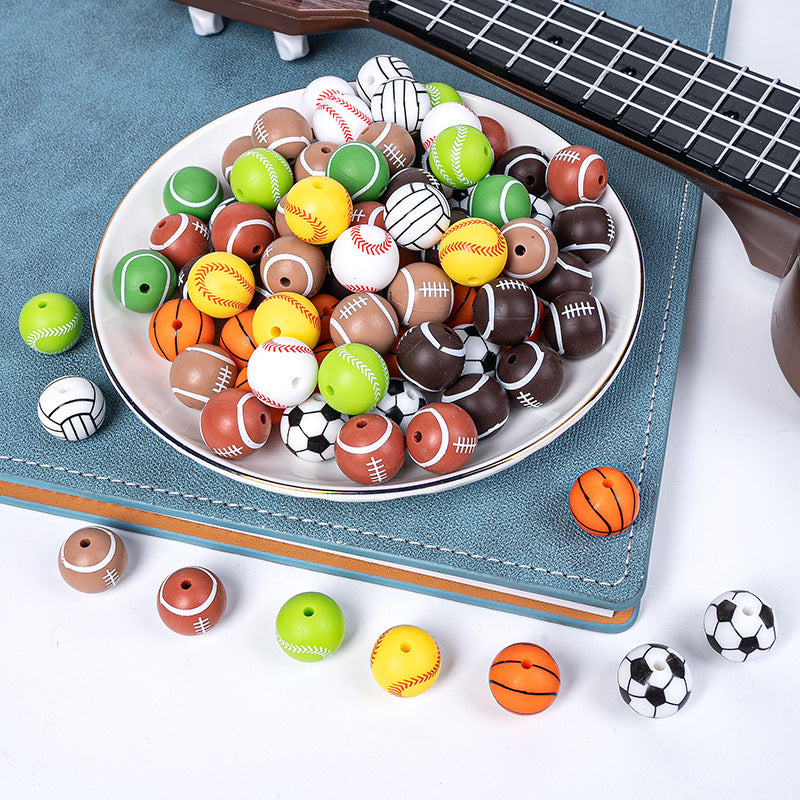 15mm Silicone Beads Sports Ball Printed Soccer Football Volleyball 10pcs