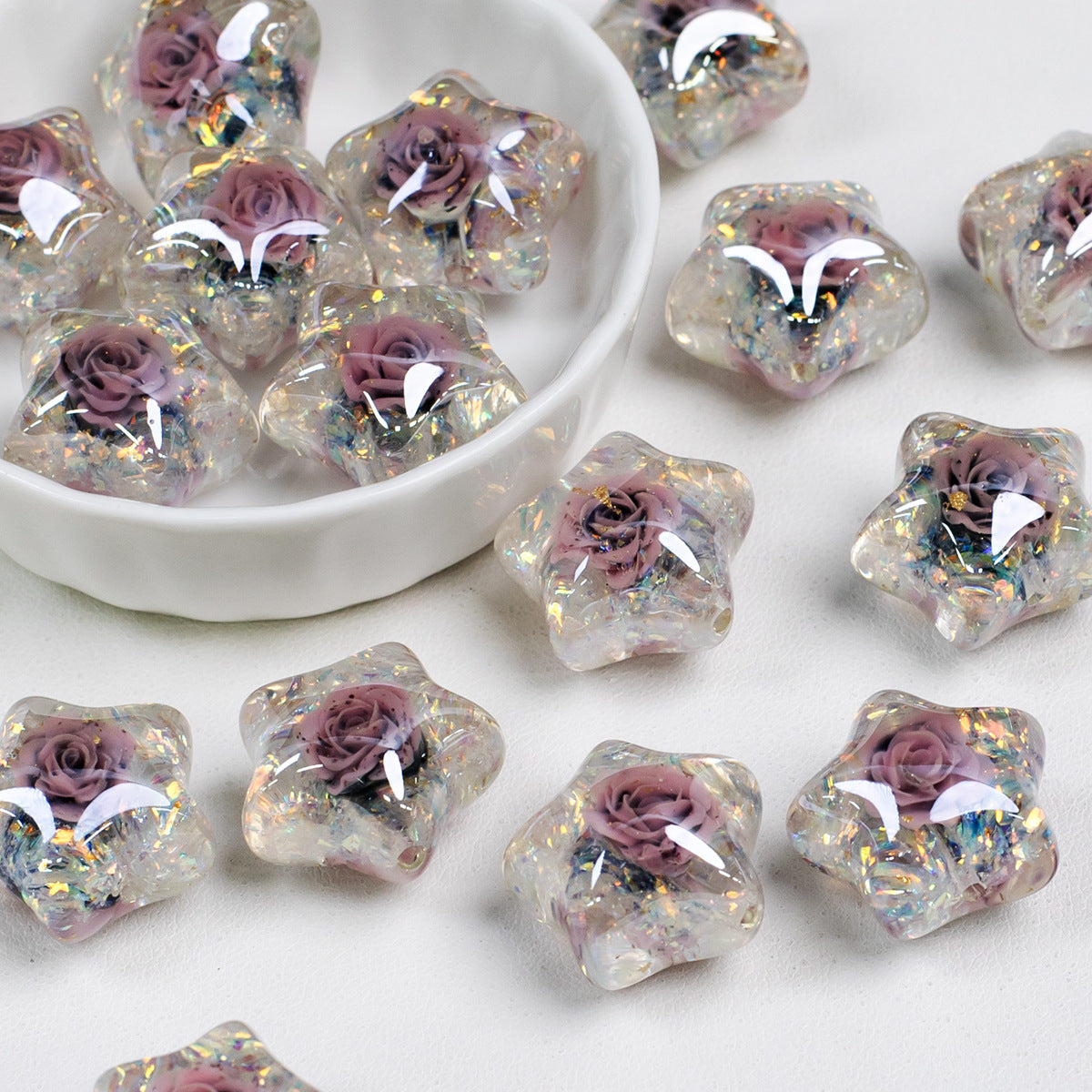 Glitter Rose Star Resin Beads 22mm Sparkle Mixed Colors 10pcs 19
