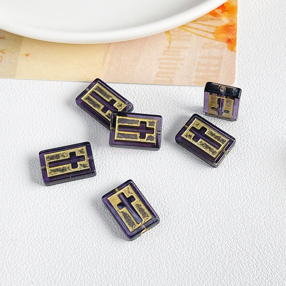 Vintage Cross Lampwork Glass Beads 17mm Gilded Rectangular 50pcs 15