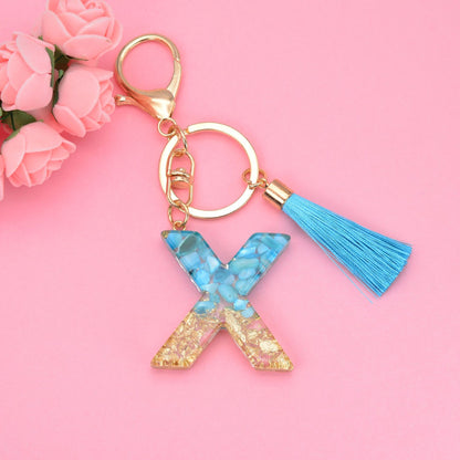 Blue Resin Tassel Monogram Keychain with Gold Flake Accent 52