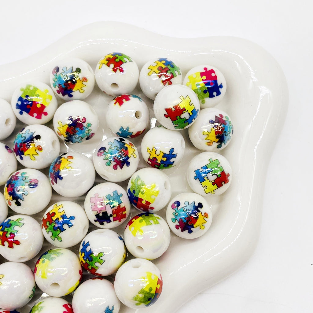Plating Round Acrylic Beads 16mm Colorful Jigsaw Puzzle Pattern 50pcs 4