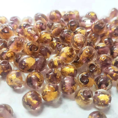Lampwork Glass Beads Round 8 10mm Blue Gold Silver Foil Painted 50pcs 5