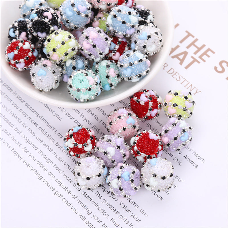 Embellished Bubblegum Beads 16mm Heart Embedded Rhinestone 10pcs 13